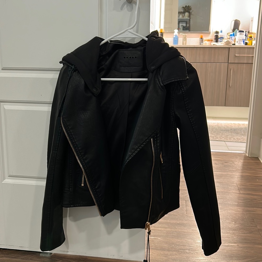 Black leather jacket with removable hoodie